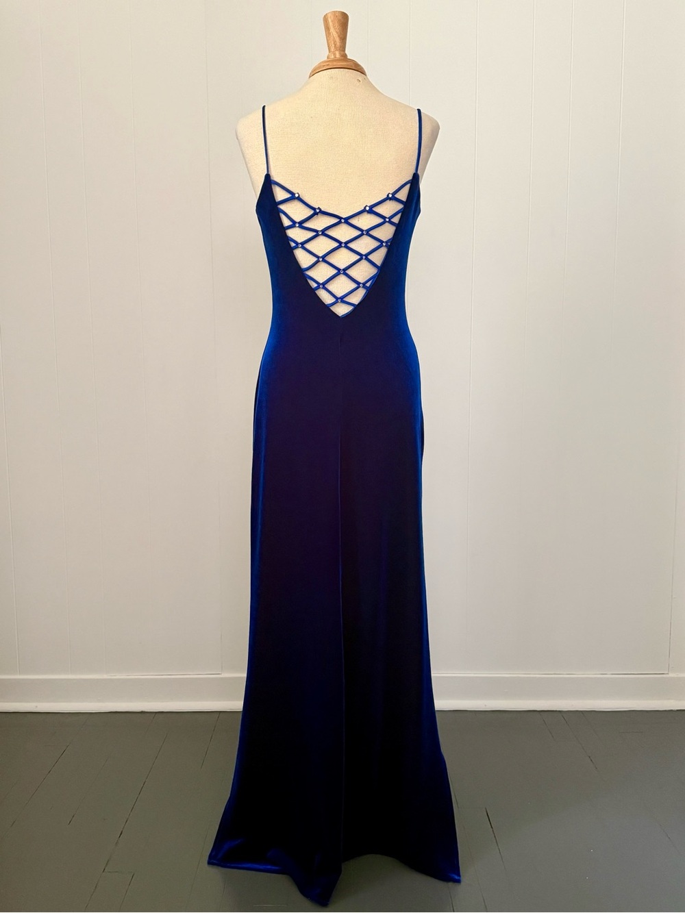NiKi by Niki Livas 90s Y2K Royal Blue Stretch Velvet Criss-Cross Back Gown